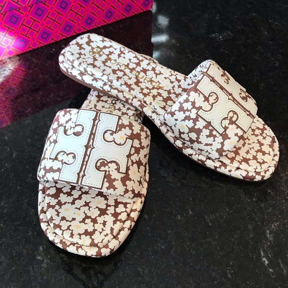 New Tory Burch Double T Sport Slide - Printed Tumbled Leather/Calf Nappa Leather - Picture 12 of 13